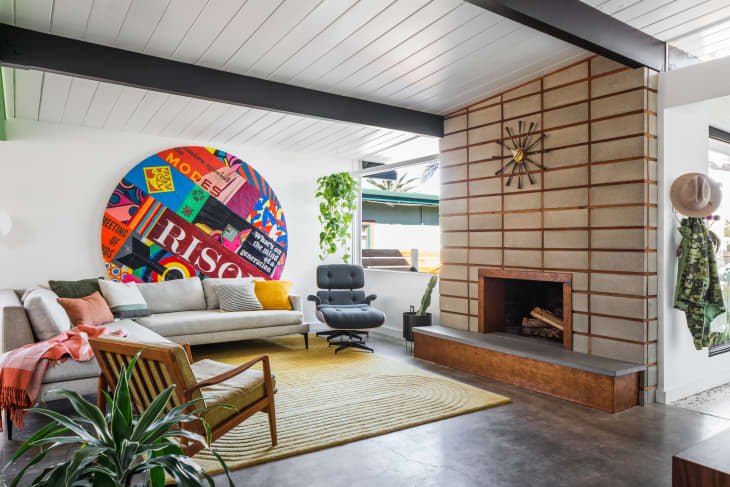 Mid century modern living room with fireplace sale